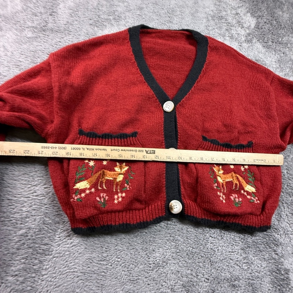 Vintage Red Fox Embroidered Crop Cardigan Sweater Womens L Fall Knit Button Up - Picture 7 of 8